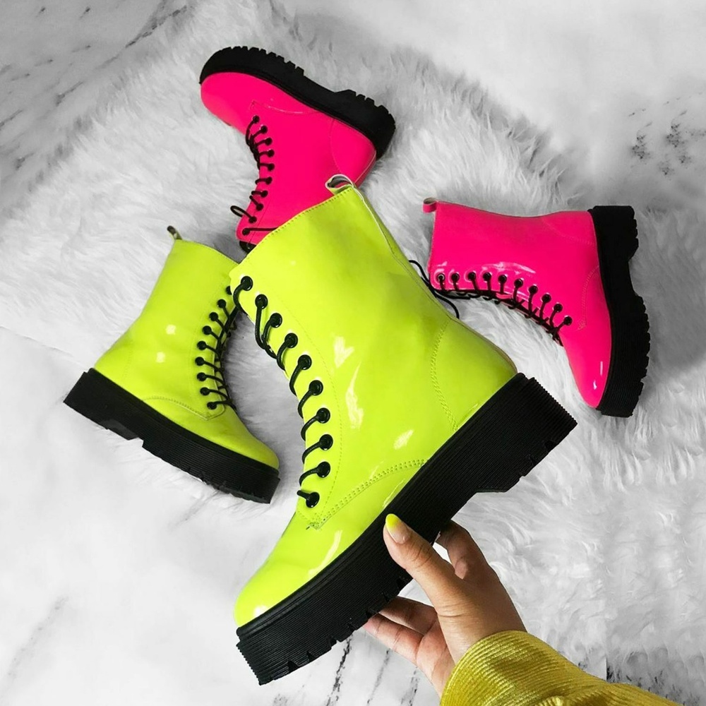 NEW๐ฅNeon Lace Up Platform Heel Combat Ankle Boots - Picture 2 of 6